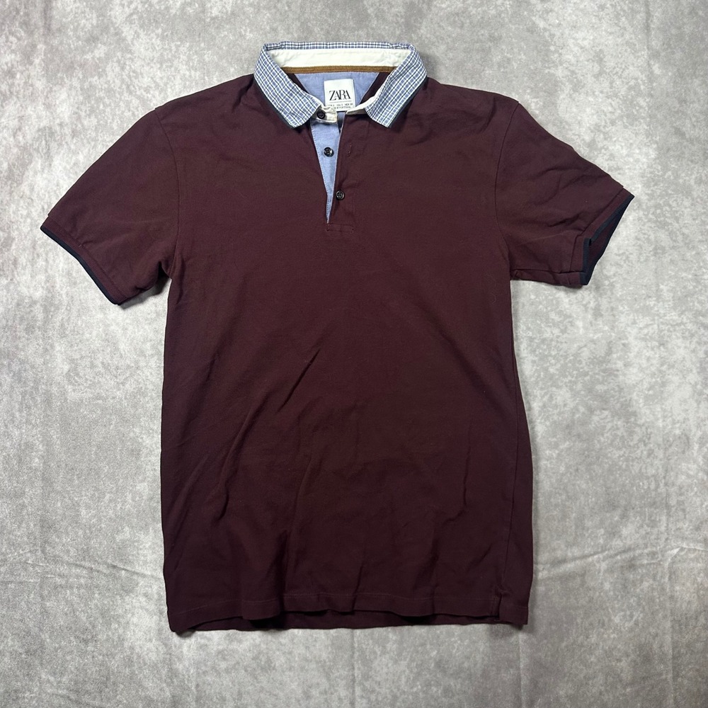 Zara Mens Polo S Burgundy Blue Collar Retro Short Sleeve Collegiate Rugby Top